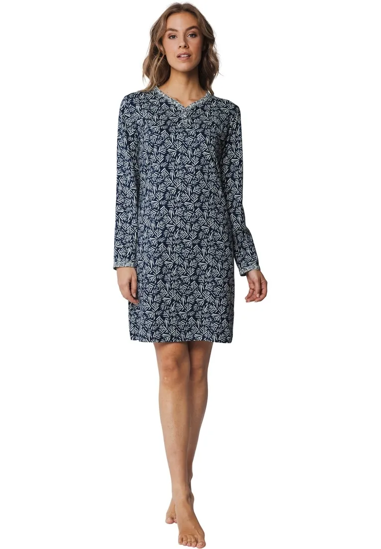 Pastunette blauw katoenen dames nachthemd met lange mouwen 'mini blooms'