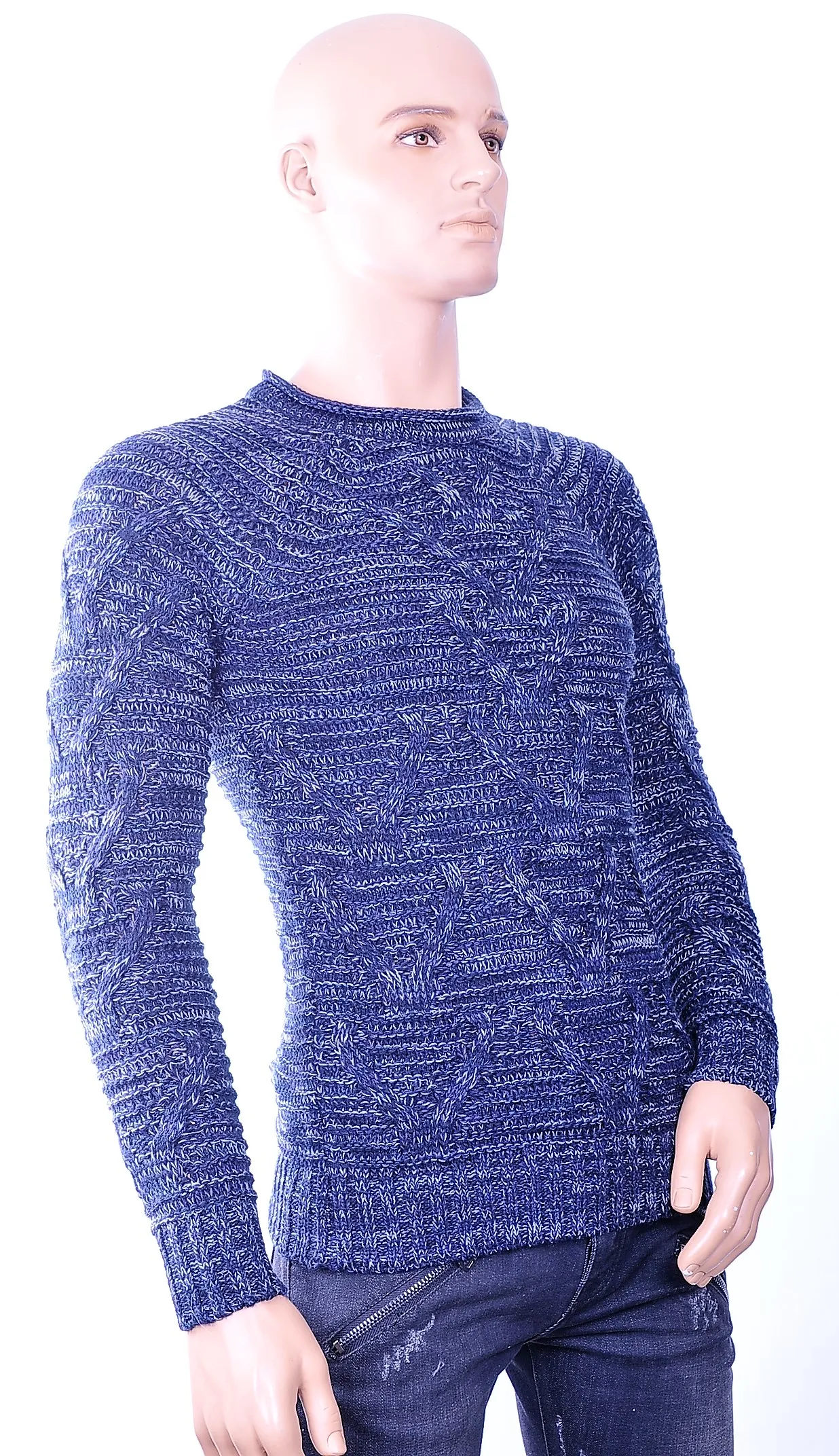 Trick0 trendy grof gebreide ronde hals heren wintertrui Donkerblauw