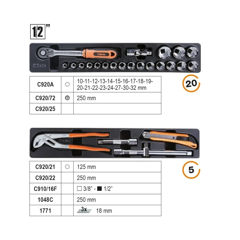 ​CESTELLO IN LAMIERA CON ASSORTIMENTO DI 91 UTENSILI PER MANUTENZIONE GENERALE, IN TERMOFORMATO  BETAEASY 2120LE/T91